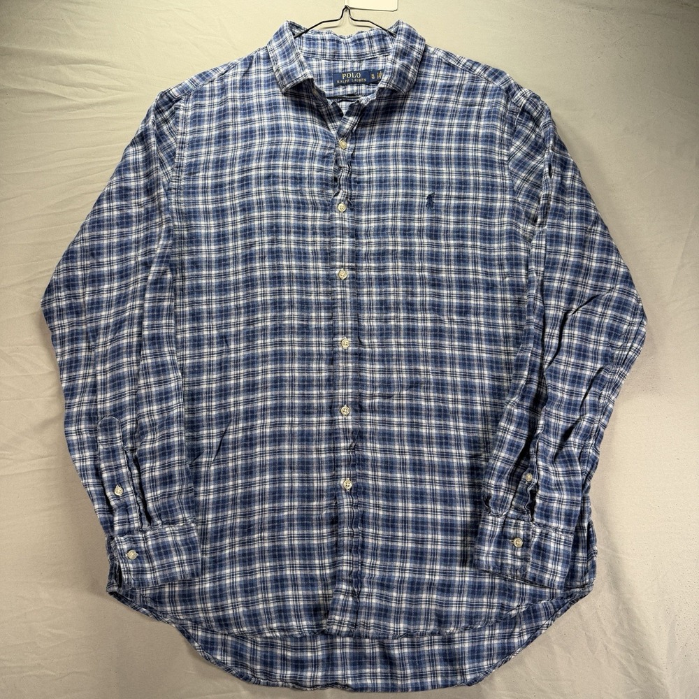 Polo Ralph Lauren Linen Shirt Mens XL Blue Plaid Button Up Long Sleeve Travel